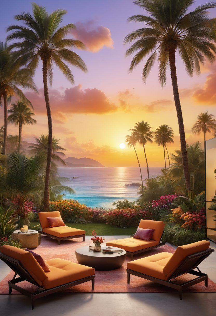 A colorful landscape featuring a luxurious oasis with a large screen displaying various popular TV shows and series. Surrounding the screen are lush palm trees, vibrant flowers, and cozy lounge chairs, inviting viewers to relax and immerse themselves. In the background, a sunset casts a warm glow over the scene, creating a serene yet engaging atmosphere. Elements of technology like streaming devices and remote controls are subtly integrated. Vibrant colors. super-realistic.