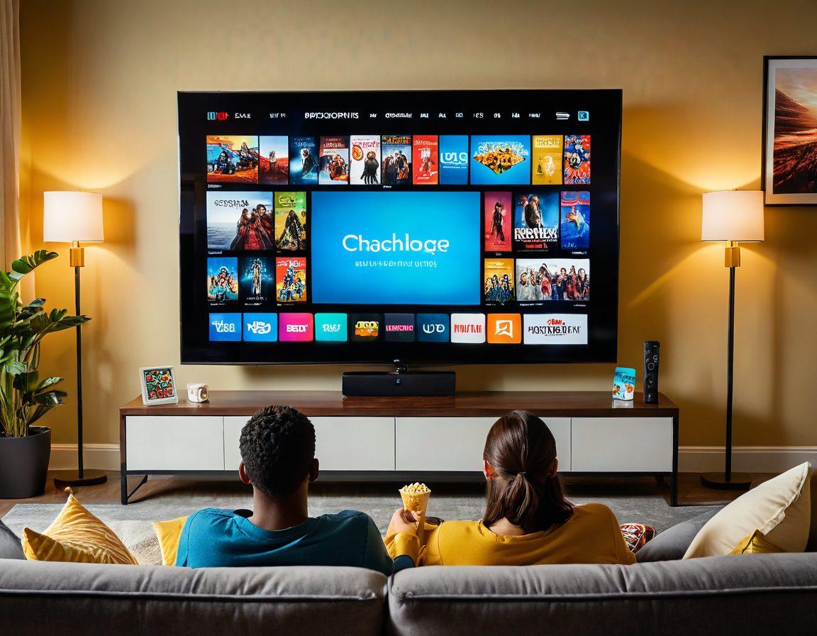 A cozy living room scene featuring a comfy couch, a large TV screen showcasing various colorful streaming platforms, popcorn bowls, and an inviting atmosphere. Include a person relaxed and engrossed in binge-watching, surrounded by streaming devices and snacks. Vibrant colors. super-realistic. warm lighting.